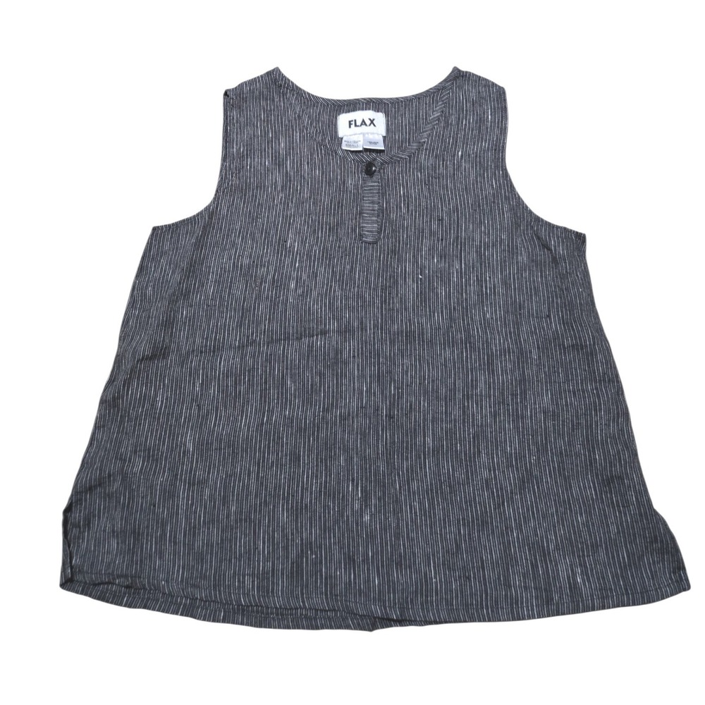 Flax Womens Sleeveless 100% Linen Pinstripe Henley Top Charcoal Grey Small